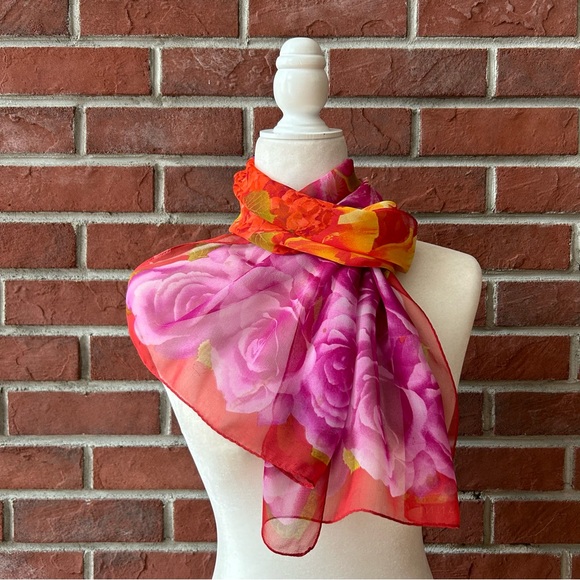 •Anne Klein Silk Chiffon Floral Signed Scarf 15”x60” - Picture 2 of 8